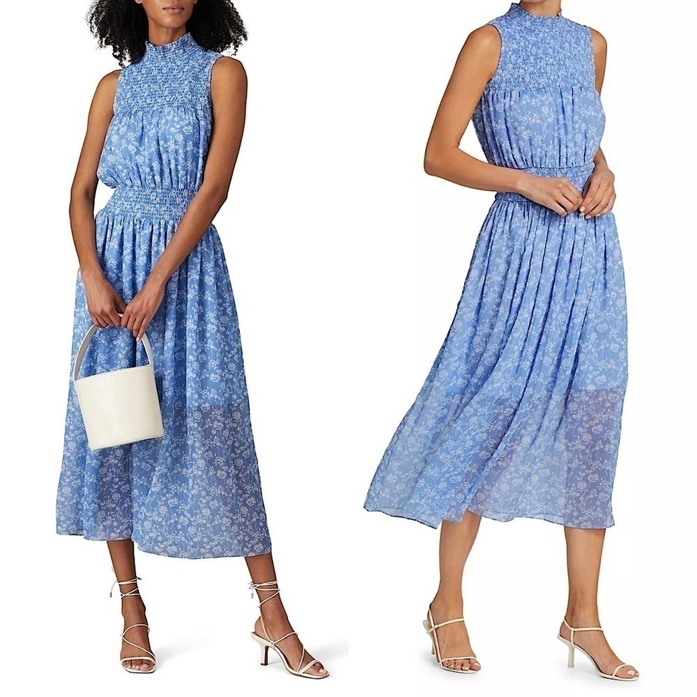 MONIQUE LHUILLIER Floral Chiffon Sleevelessโ Mockneck Smocked Waist Midi Dress 4